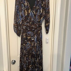 Studio One Paisley Long Sleeve Dress - Blue and Brown